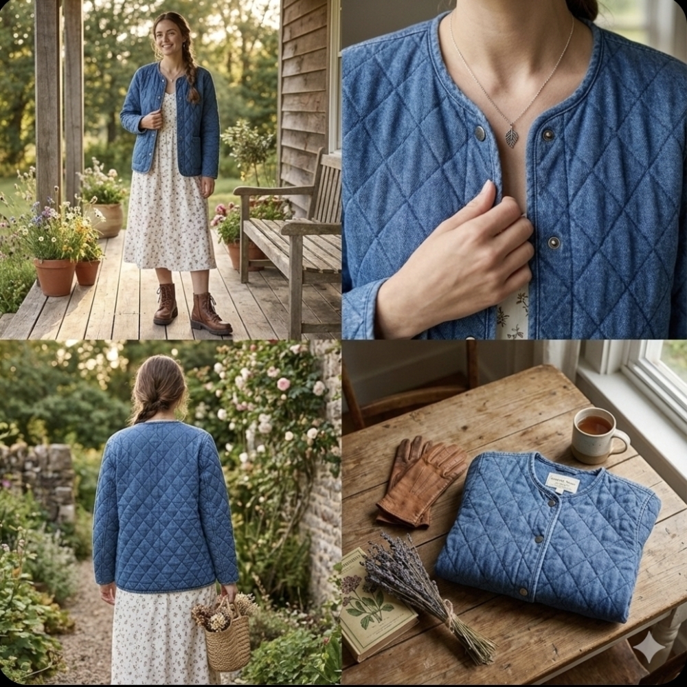 Country Store Quilted Denim Blue Snap Front Jacket - Large - Cottagecore